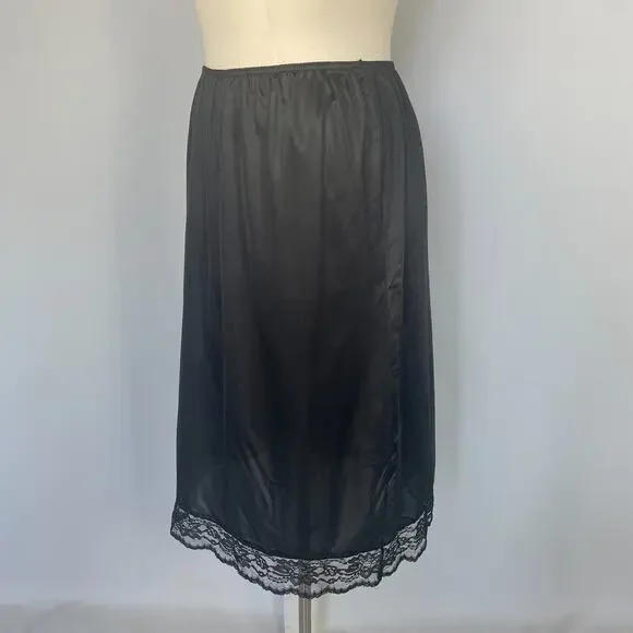 Half Slip Skirt Plus Size 26W 28W Black Satin Nylon Lace Trim Lingerie Layering - Picture 7 of 12